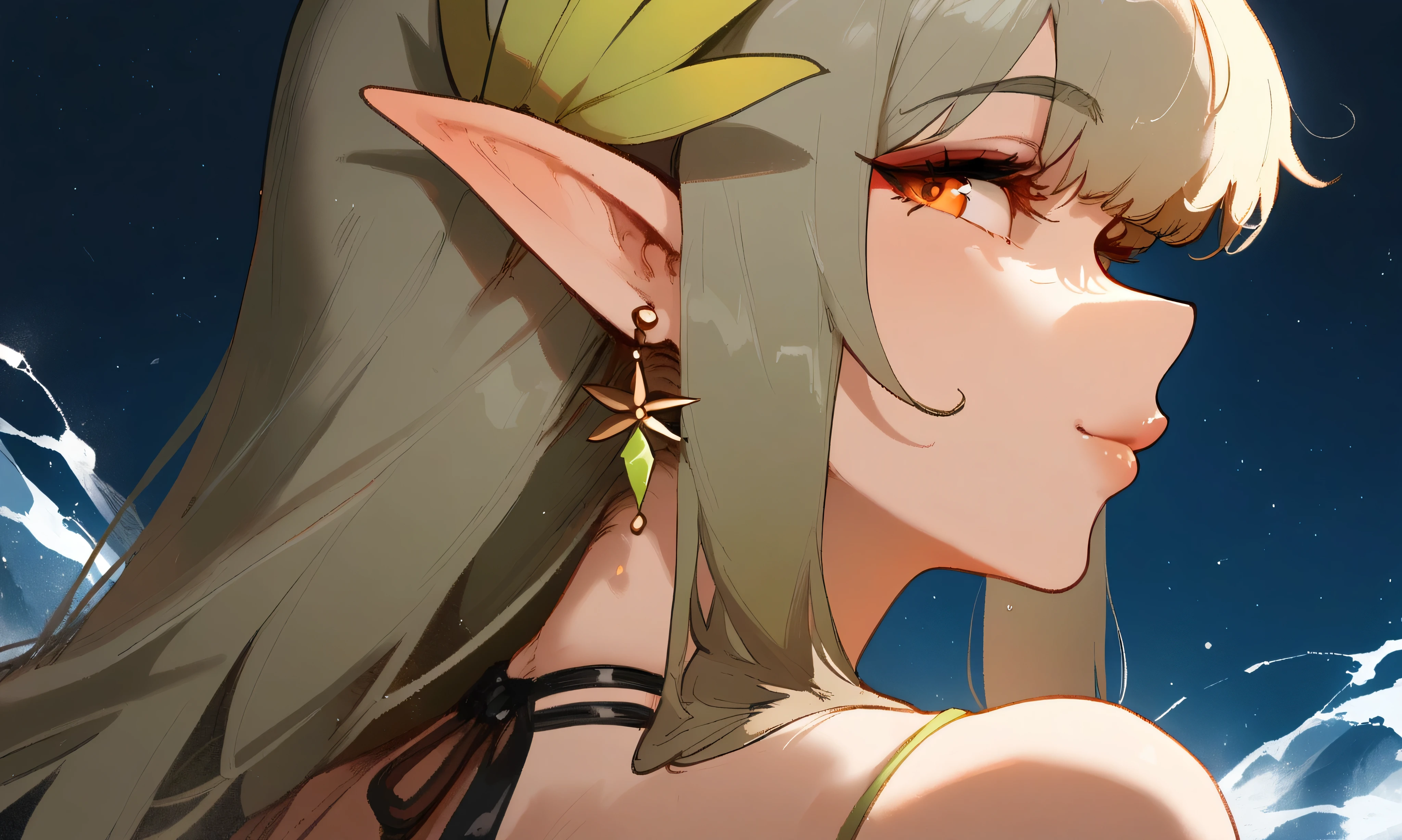 1girl, muelsyse \(arknights\), arknights \\\\\ masterpiece, best quality, very aesthetic, absurdres, newest \\\\\\ simple background, space background. lime bikini, greenery, water, orange eyes,elf ears, slim body,///// ,by nyantcha, , cutesexyrobutts,khyle ,,////// 18 years old girl,thin waist ,,solo, , stars, ^_^, portrait, ,detailed face, profile, bare neck
