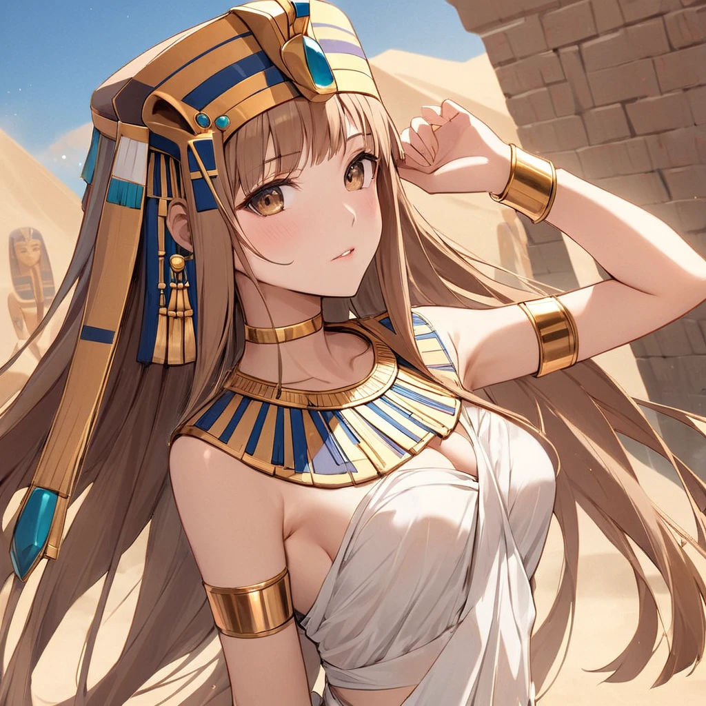 ((Highest quality)), ((masterpiece)), (detailed), （Perfect Face）、The woman who is Tutankhamun of ancient Egypt is Yuuki Asuna, with light brown, medium-long hair, wearing a Tutankhamun hat and Cleopatra-like clothing.、The woman is dressed as Tutankhamun, an ancient Egyptian.