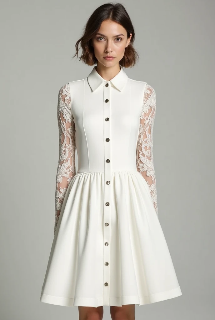 A white dress in cold lycra fabric ,pleated petticoat a little below the knee, with buttons down the front from the collar to the hem, polo collar with rounded tips in lace fabric and long sleeves in lace fabric, that is elegant and modern, for older lady