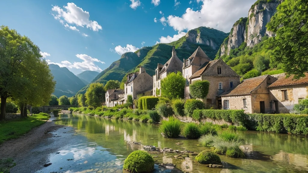 French ancient village, mystical nature, Rivers, Mountains and forests, waterfall, cloud, Photorealistic photos, It's not 8k. Aerial view.