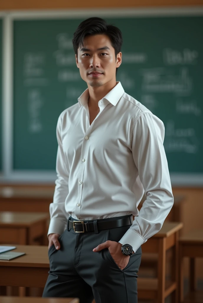 Vietnamese man, 25 years old, teacher,Handsome and elegant, Wearing a uniform, sexy , Masculine and handsome,musculous,Muscles look good, with fair skin,, Full body photo,(ultra-detailed, photorealistic, best quality, 4k, 8k, highres, masterpiece:1.3), a mature man, charming and distinguished , (muscular build body), wearing tailored shiny dress shirt, , perfectly fitted charcoal trousers, sweat, unbutton buttons shirt, lewd face ,tight chest, sex,See-through shirt, erotic, horny, , Accessories include a luxury wristwatch, in the Classroom,looking at viewer,muscle veins,no underwear ,Tight shirt makes muscle,unbutton,six pack,take off your shirt,