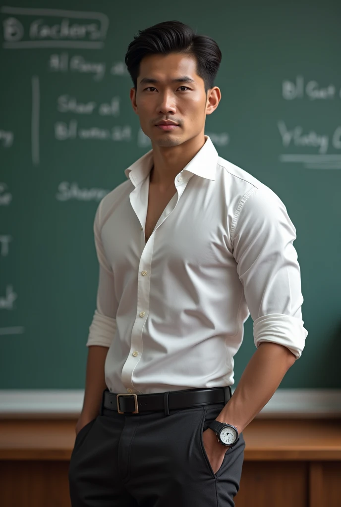 Vietnamese man, 25 years old, teacher,Handsome and elegant, Wearing a  uniform, sexy , Masculine and handsome，musculous，Muscles look good, with fair skin,, Full body photo,(ultra-detailed, photorealistic, best quality, 4k, 8k, highres, masterpiece:1.3), a mature man, charming and distinguished , (muscular build body), wearing tailored shiny  dress shirt, , perfectly fitted charcoal trousers, sweat, unbutton buttons shirt, lewd face ,tight chest, sex,See-through shirt, erotic, horny, , Accessories include a luxury wristwatch, in the Classroom‎,looking at viewer,muscle veins,no underwear ,Tight shirt makes muscle,unbutton,six pack,take off your shirt,shirtless