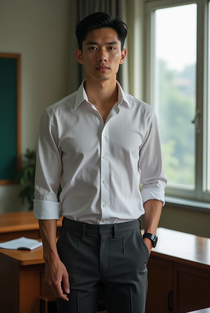 Vietnamese man, 25 years old, teacher,Handsome and elegant, Wearing a uniform, sexy , Masculine and handsome,musculous,Muscles look good, with fair skin,, Full body photo,(ultra-detailed, photorealistic, best quality, 4k, 8k, highres, masterpiece:1.3), a mature man, charming and distinguished , (muscular build body), wearing tailored shiny dress shirt, , perfectly fitted charcoal trousers, sweat, unbutton buttons shirt, lewd face ,tight chest, sex,See-through shirt, erotic, horny, , Accessories include a luxury wristwatch, in the Classroom,looking at viewer,muscle veins,no underwear ,Tight shirt makes muscle,unbutton,six pack,take off your shirt,