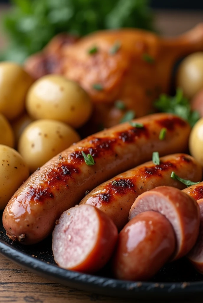 AN IMAGE IN HORIZONTAL FORMAT WHERE THEY COME OUT, SAUSAGE, POTATOES AND CHICKEN BROTHER