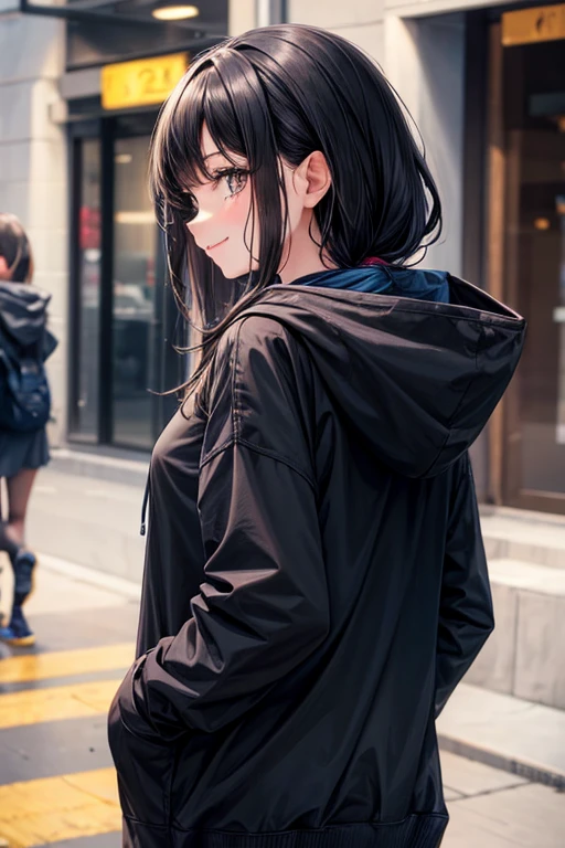 One girl, smile, Black Hair, Turning around in the back, Wearing a hoodie, it&#39;s raining, blue eyes, I want to cry, Long Hair, Illustration, anime, High resolution, Wolf Cut,
tears, 