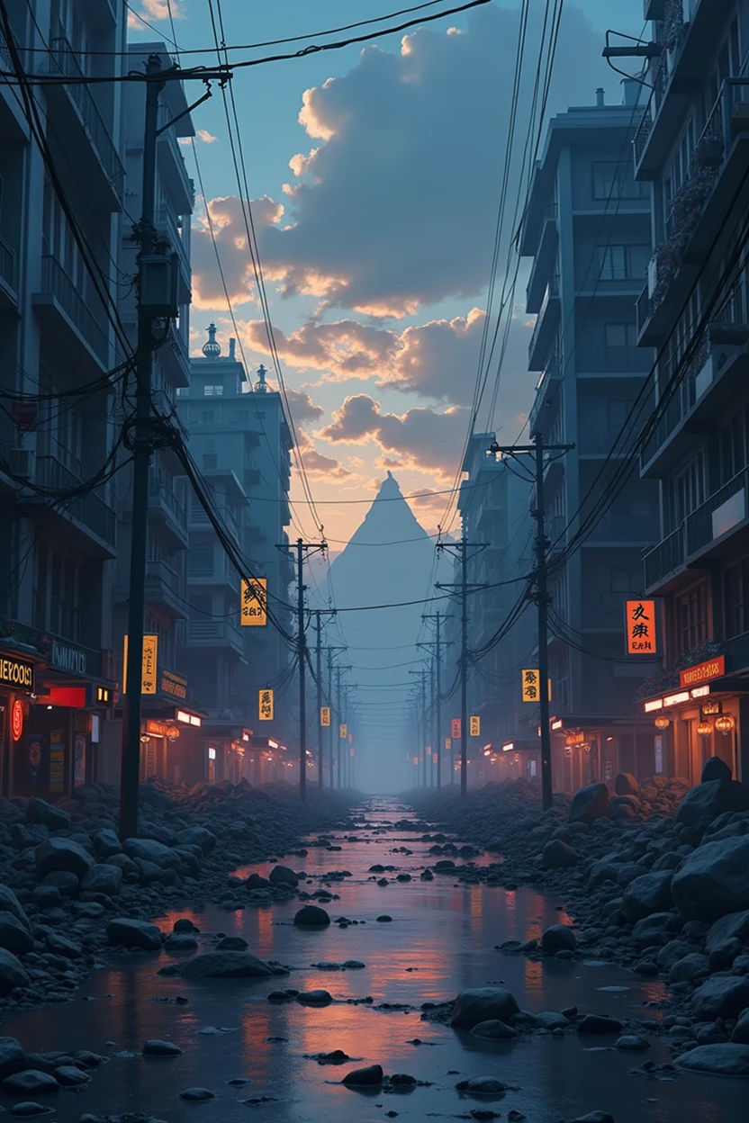 anime apocalyptic city background image,written New End in large letters