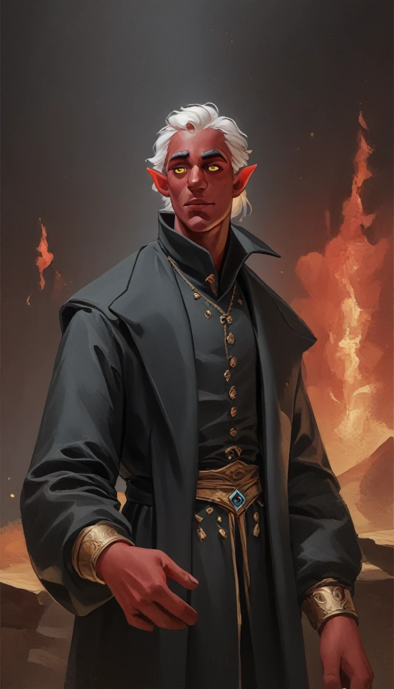 A strong, red-skinned tiefling male，Small Corner，White hair，Yellow eyes，3/4. Body，A volcano in the background，Mage outfit，Black robe