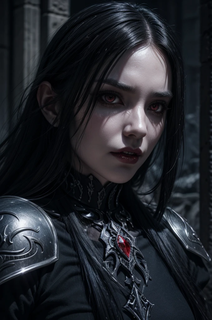 a high fantasy digital painting of an elder vampire, hyper detailed face, piercing red eyes, sharp fangs, long black hair, ornate silver armor, dark gothic cape, dramatic lighting, cinematic composition, epic fantasy  dark, solo girl