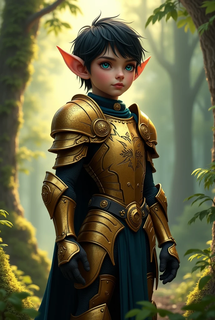 Forest Elf, Light beige tesse. Short black hair and dark blue eyes. 1.Height 70cm. His ears are cut off.. He is a shining knight, Gold and black armor.. It's western