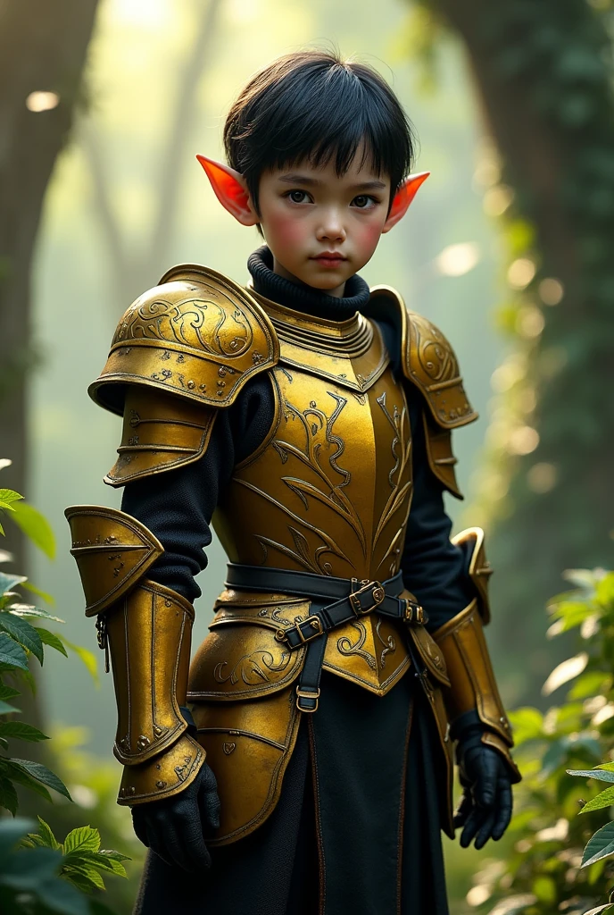 Forest Elf, Light beige tesse. Short black hair and dark blue eyes. 1.Height 70cm. His ears are cut off.. He is a shining knight, Gold and black armor.. It&#39;s western 