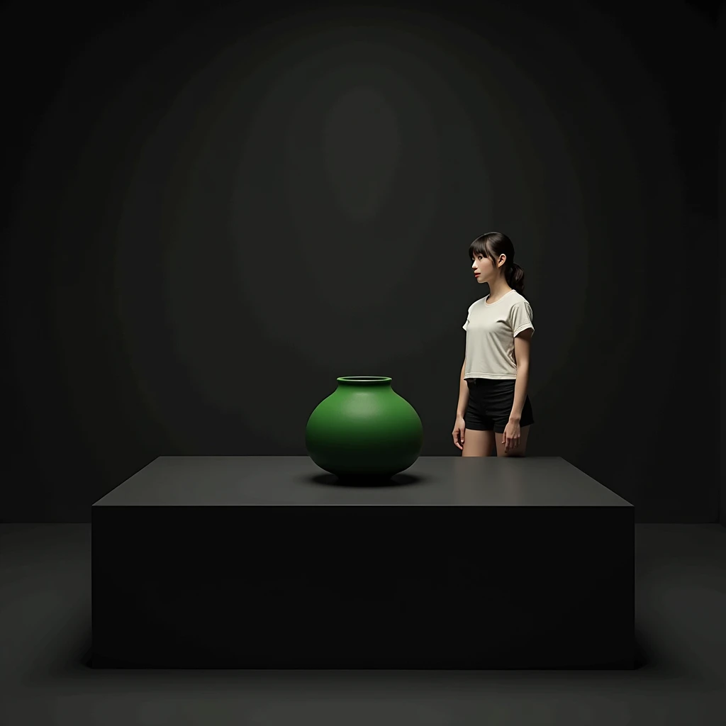main item is a high ,black ,huge surface ,table displaying a very small green cude(size like a fist) with no shadow ,  
and a 16years old ,ponytail,CUTE, BEAUTIFUL ,asian, with Bangs,white T shirt,black shorts, big breasts(34 E CUP) ,a little plump body shape,very white skin tone lady standing next to it  
the whole body of the lady facing the camera
the back ground is a black wall
taking a realistic far view photo