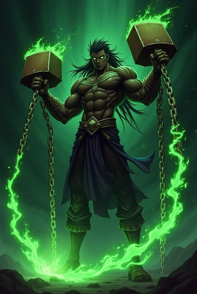 Double hammers connected by a very long chain style anime style mounting atmosphere,Mystic Weapon, Magic, black background magic brown shiny in a green flame, Silhouette body builder, Shiny eyes and long hair that keeps it in the background, anime style,He prepares to throw his chain hammer
