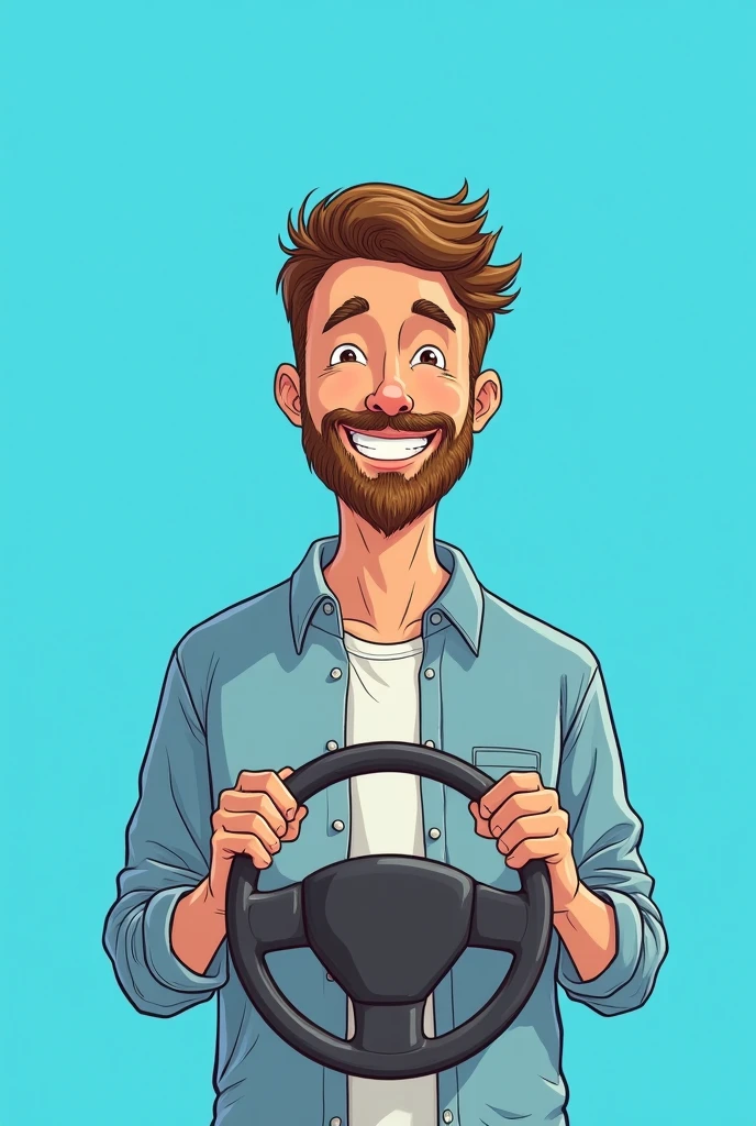 cute drawing, man with a very short beard, blue background and steering wheel in hand 