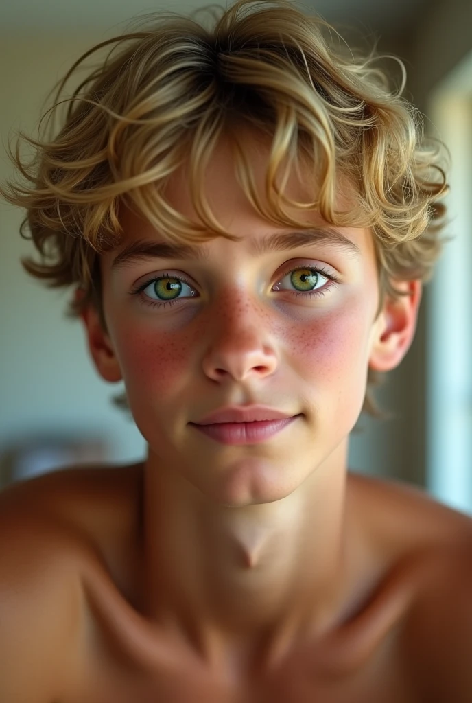 Hot 15 year old boy wavy hair blonde snake green eyes tan skin handsome muscular middle part wavy hair