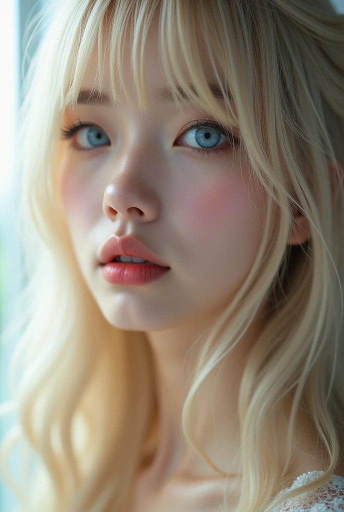(a closeup:1.4)、bukake, (RAW shooting:1.2)、(Photorealsitic:1.4)、(​masterpiece:1.3)、(top-quality:1.4)、bright expression、extremely beautyful girl、Extraordinary beautiful girl、Detailed cute and beautiful face、Beautiful bangs、Glowing white shiny skin、facial hairs、Bangs that extend to the face、Bangs between the eyes、Super long hair、Attractive light and dark platinum blonde super long straight silky hainer hair、Attractive glowing beautiful bright clear light blue big eyes、Luxurious dresses、Double eyelids、Lush bust、The upper part of the body、