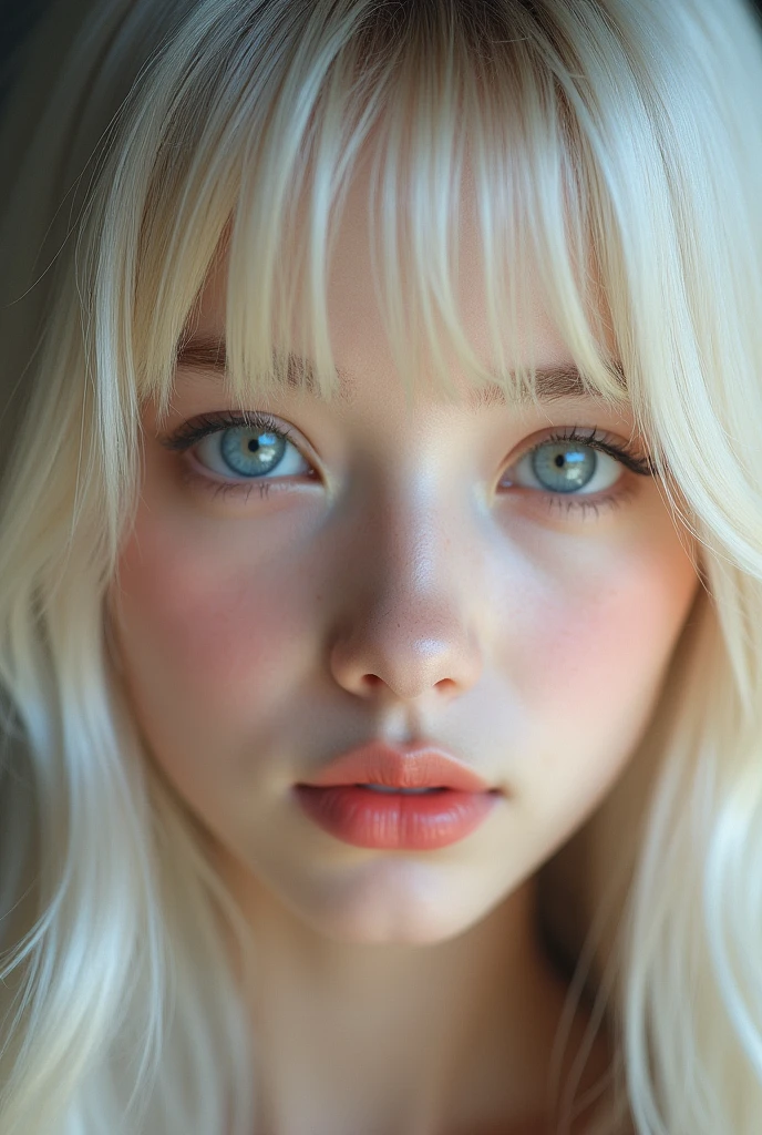 (a closeup:1.4)、bukake, (RAW shooting:1.2)、(Photorealsitic:1.4)、(​masterpiece:1.3)、(top-quality:1.4)、bright expression、extremely beautyful girl、Extraordinary beautiful girl、Detailed cute and beautiful face、Beautiful bangs、Glowing white shiny skin、facial hairs、Bangs that extend to the face、Bangs between the eyes、Super long hair、Attractive light and dark platinum blonde super long straight silky hainer hair、Attractive glowing beautiful bright clear light blue big eyes、Luxurious dresses、Double eyelids、Lush bust、The upper part of the body、