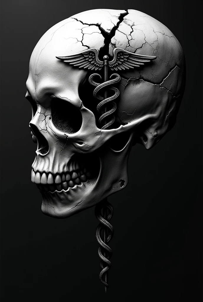 A cracked skull in shadow mixed with a caduceus in black and white tattoo style.