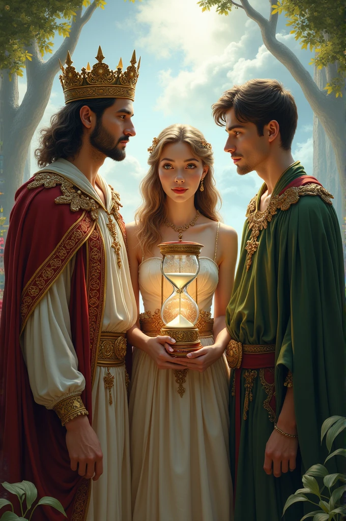 One prince on the left with a girl with an hourglass in her hands and another guy on the right