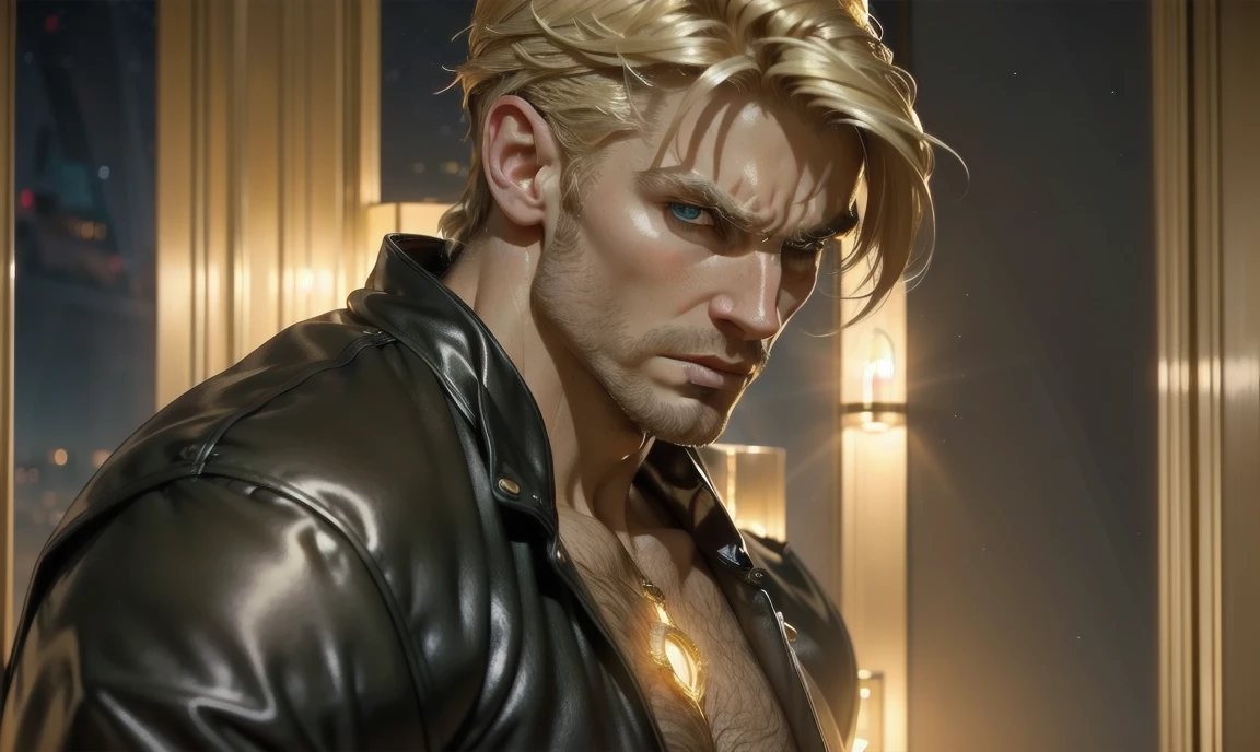 [((highly detailed, detailed eyes, detailed face, clear and realistic facial features, photorealistic, realistic light, cinematic)), (1 man), Gorgeous and sexy and powerful male angel with large wings blond hair green eyes and a grumpy expression on his face, (((aura of divine power))), standing in a cozy apartment at nighttime (((wearing an indignant and unimpressed expression)))]