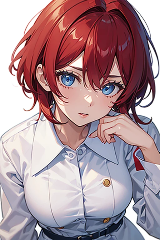 woman in her 20s, Mexican, slim build, nurse uniform, white coat, blue pants, short red hair, spiky hair, blue eyes, looking directly at viewer white background