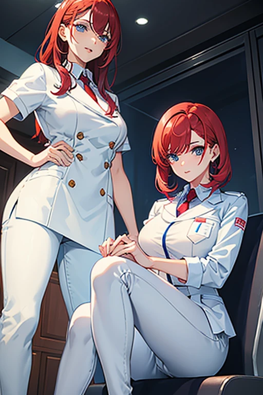 woman in her 20s, Mexican, slim build, nurse uniform, white coat, blue pants, short red hair, spiky hair, blue eyes, looking directly at viewer white background