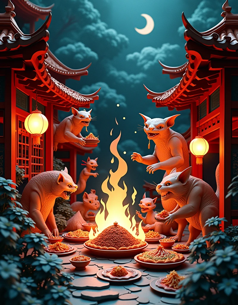Papercut art. Kirigami. Origami. Illusion. A very detailed and intricate cutout of an ancient chinese restaurant with dishes of chinese food flowing, some monsters and trees flying around the dishes, mystery dark atmosphere at night, no human being, no one, only food and monsters and animals presented