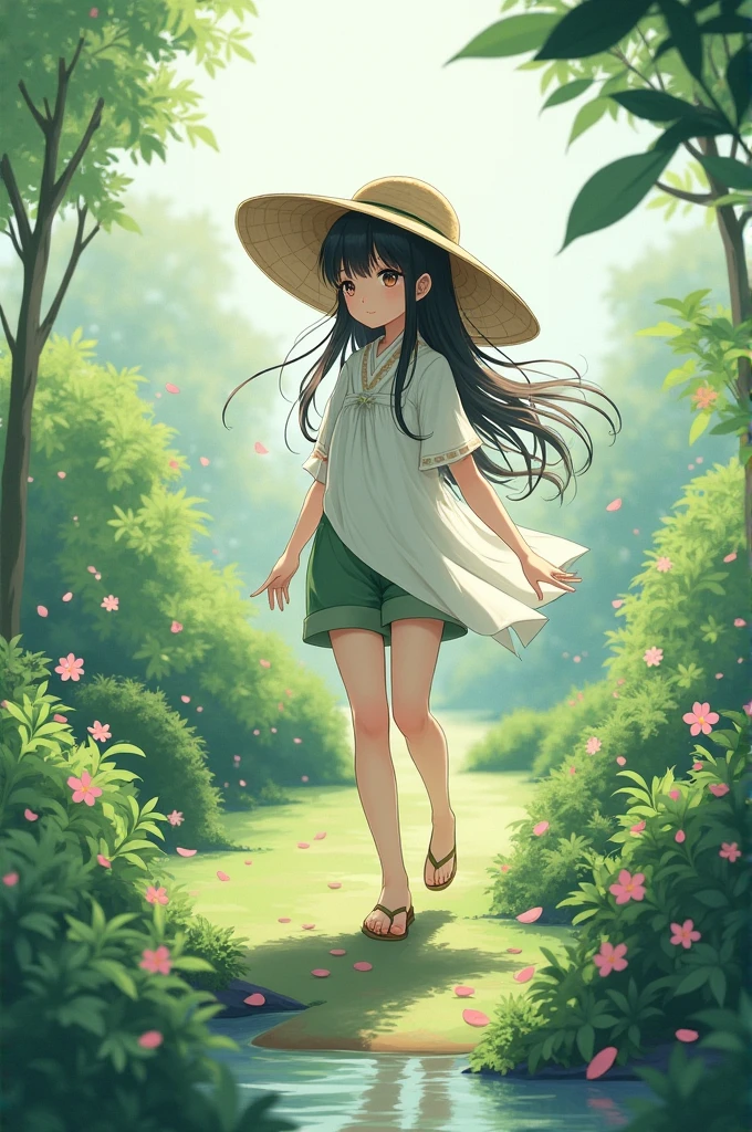 a japanese girl, long hair, straw hat, wearing a white dress, green shorts, in garden