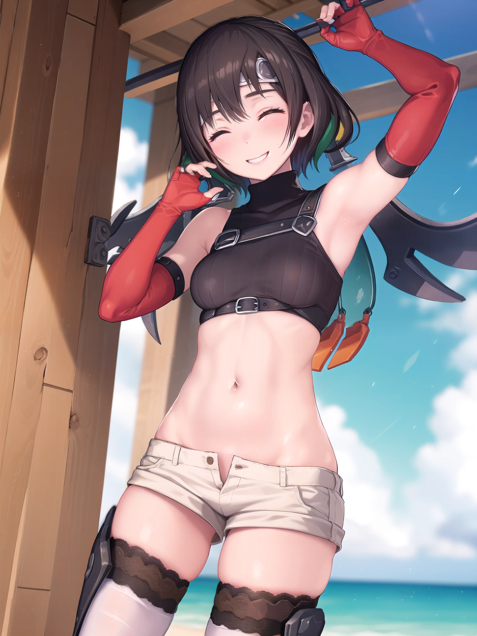 yuffiekisaragi, Yuffie Kisaragi,Haircuts, pixie cut,
壊す crop top, fingerless gloves, fishnet Thighhighs, fishnet, forehead protector, gloves, head band, belly button, short shorts, shorts, single sleeve, single thigh high, No sleeve, No sleeve turtleneck, Thighhighs, turtleneck,
bench、blue sky、smile