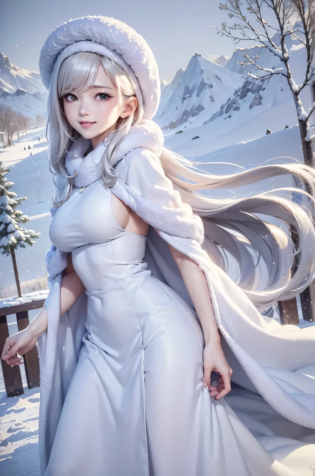 masterpiece、Highest quality、1 girl, winter, platinum blonde hair, Cute girl, smile, close mouse, medium breasts, sideboob:1.2, white dress, winter clothes, long skirt, Fur coat、Small waist、Thin legs、outdoors, front of the lake, snow falling, Prayer Pose, join hands, from backside:1.5