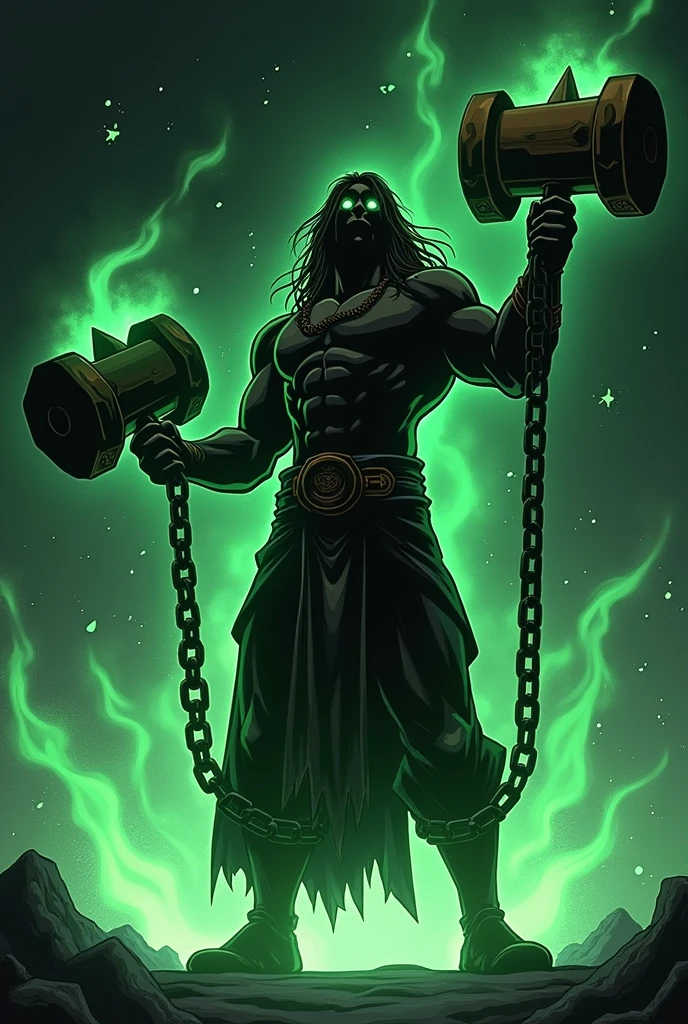 Double hammers connected by a very long chain style anime style mounting atmosphere,Mystic Weapon, Magic,  black background magic brown shiny in a green flame, Silhouette body builder, Shiny eyes and long hair  that keeps it in the background, anime style,He prepares to throw his chain hammer 