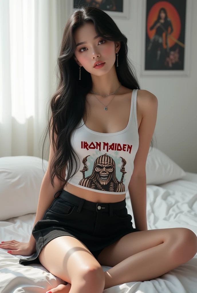 A brunette girl with curly hair and big breasts sits with her legs stretched out, taking a realistic photo Jennie 8K Super Realistic Beautiful Blackpink ultra mega detailed wonderful beauty 8K FULL HD high definition super detailed every smallest detail of her face is detailed Jennie Blackpink low-cut iron maiden tank top and black skirt on a background of a simple white room with band posters Jennie long straight black straight hair white korean woman JENNIE FROM BLACKPINK WHITE woman JENNIE IRON MAIDEN TANK TOP KOREAN LIGHT SKIN LIGHTER SKIN ALMOST WHITE no makeup 
