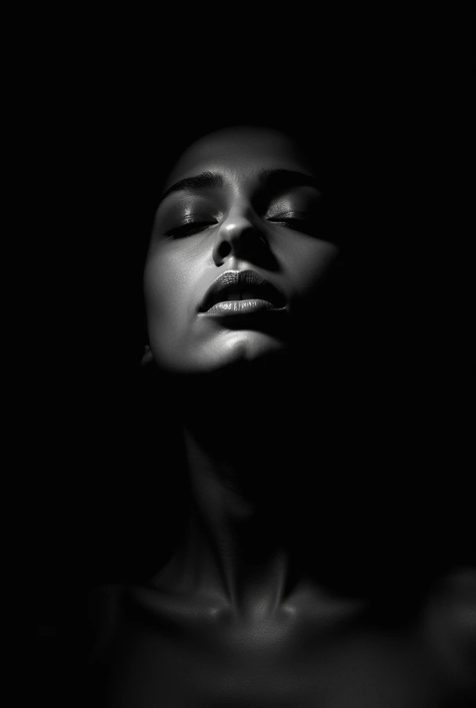 Black background with a distortion texture at the bottom, simbolizando o "noise". At the center, a serene figure with closed lips, softly lit. 