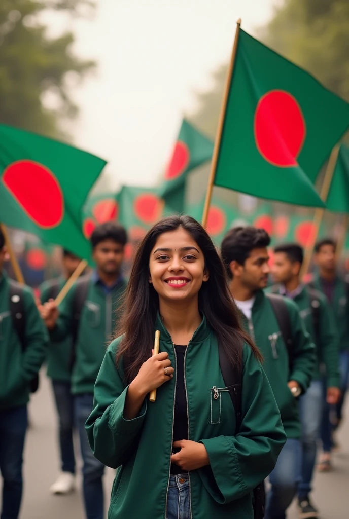 Bangladeshi students with flags of bangladesh
on the road after win of student quota protest