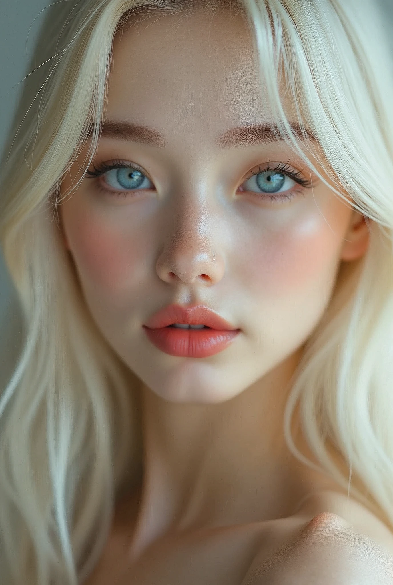 (a closeup:1.4)、bukake, (RAW shooting:1.2)、(Photorealsitic:1.4)、(masterpiece:1.3)、(top-quality:1.4)、bright expression、extremely beautyful girl、Extraordinary beautiful girl、Detailed cute and beautiful face、Beautiful bangs、Glowing white shiny skin、facial hairs、Bangs that extend to the face、Bangs between the eyes、Super long hair、Attractive light and dark platinum blonde super long straight silky hainer hair、Attractive glowing beautiful bright clear light blue big eyes、Luxurious dresses、Double eyelids、Lush bust、The upper part of the body、