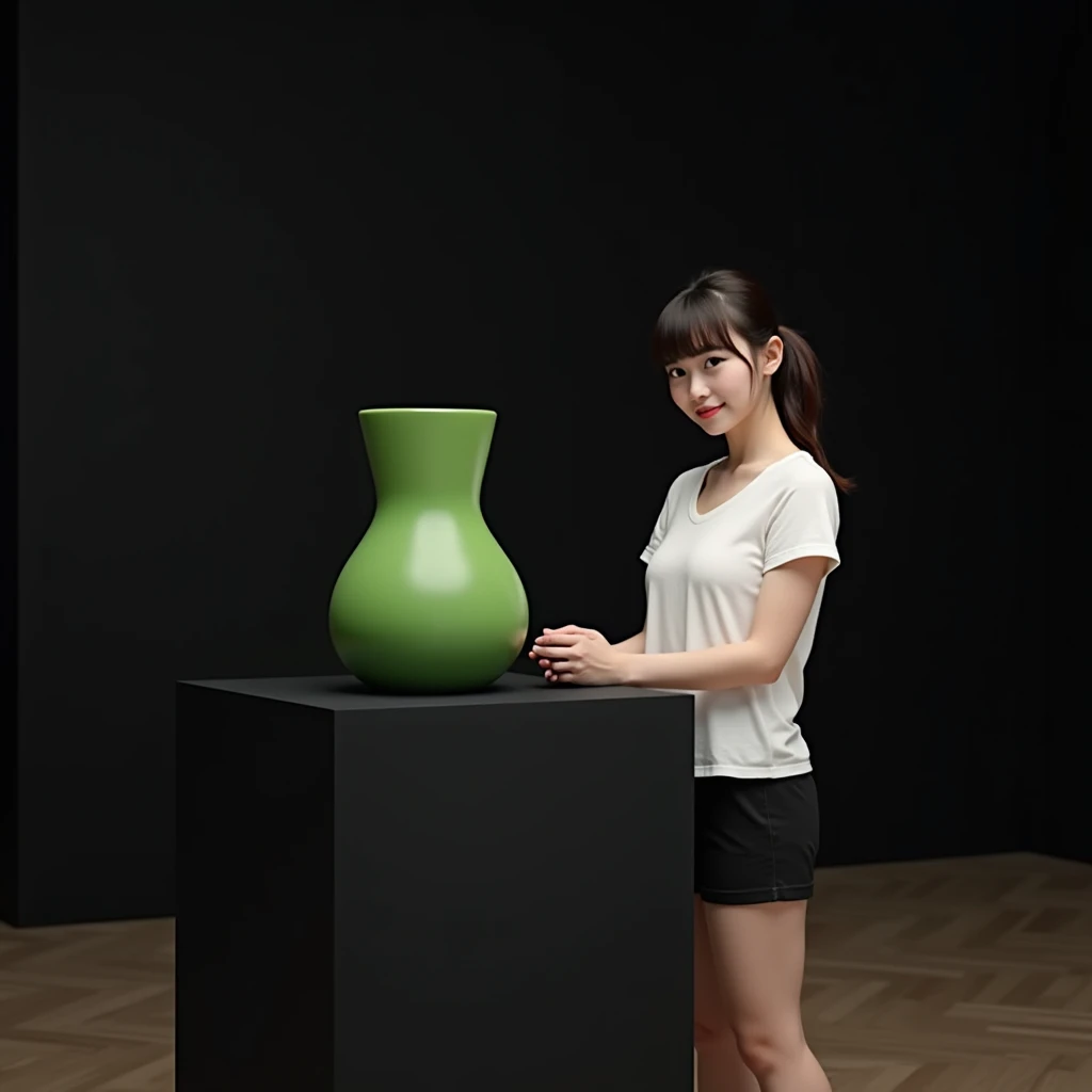 main item is a high ,black ,huge surface ,table displaying a very small green cude(size like a fist) with no shadow ,
and a 16years old ,ponytail,CUTE, BEAUTIFUL ,asian, with Bangs,white T shirt,black shorts, big breasts(34 E CUP) ,a little plump body shape,very white skin tone lady standing next to it
the whole body of the lady facing the camera
the back ground is a black wall
taking a realistic far view photo