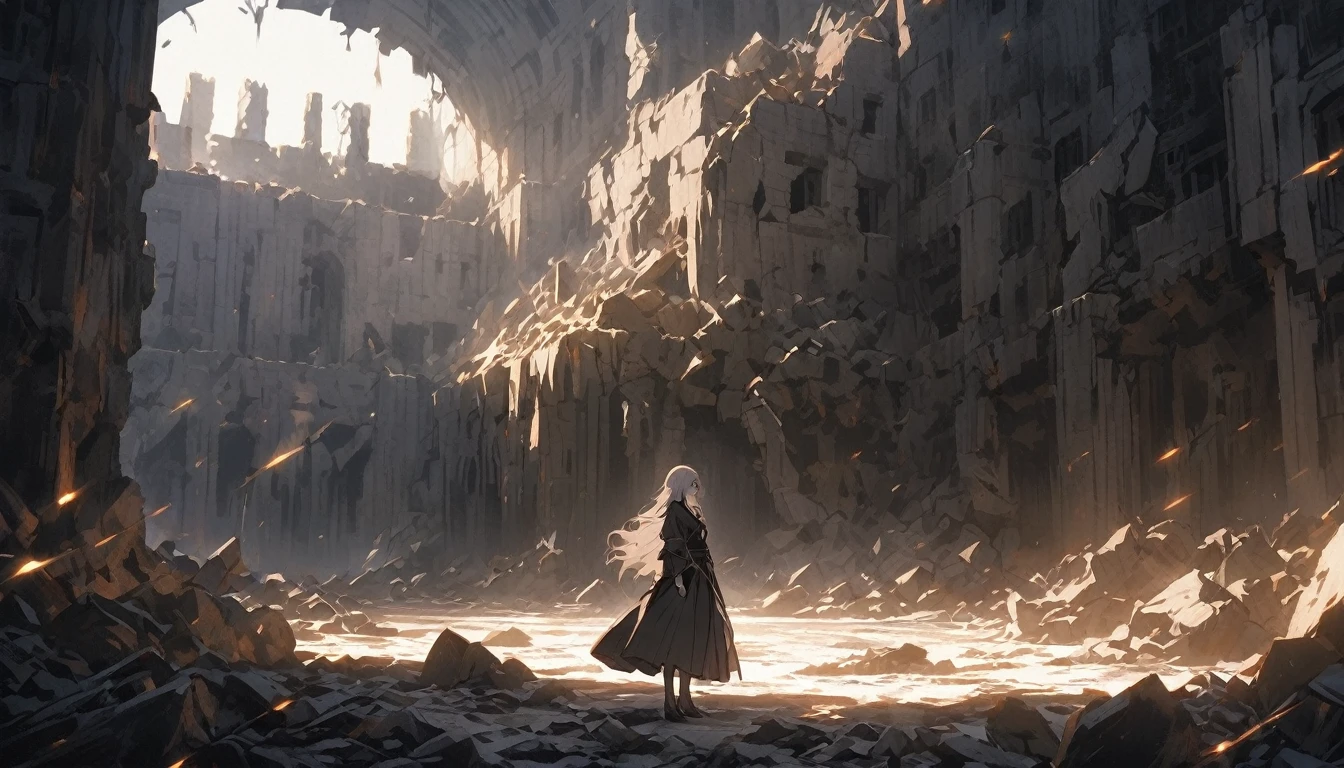 A somber yet empowering scene of a young woman standing alone in the middle of a ruined fortress at twilight, symbolizing her emotional state. The fortress is crumbling, with broken walls and debris scattered around, representing the fallen defenses and shattered dreams. The woman is in the process of picking up pieces of rubble, symbolizing the fragments of her broken heart. She has a determined expression on her face, indicating resilience and the will to rebuild. The sky is a mix of dark clouds and faint rays of light, symbolizing both the darkness of her past and the hope of a new beginning. The light subtly highlights the woman and the ruins, casting long shadows that add depth to the scene. The colors are muted but with hints of warm light breaking through, creating a contrast between the despair of the past and the hope of the future.