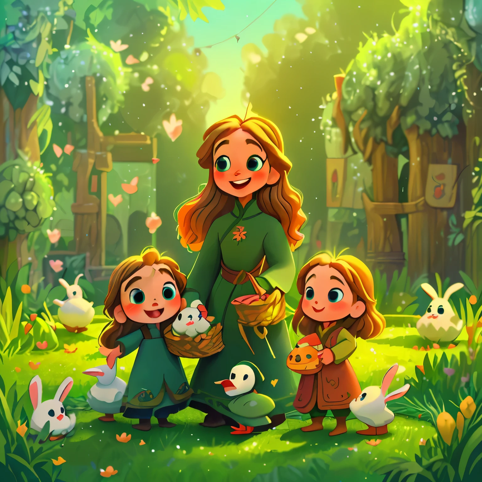 (high resolution: 1.2),Happy moment, medieval mother and 2 daughters, go shopping at village market, cheer, bunnies and duck, beautiful detailed eyes, lush green garden, long flowing hair, traditional medieval clothes,