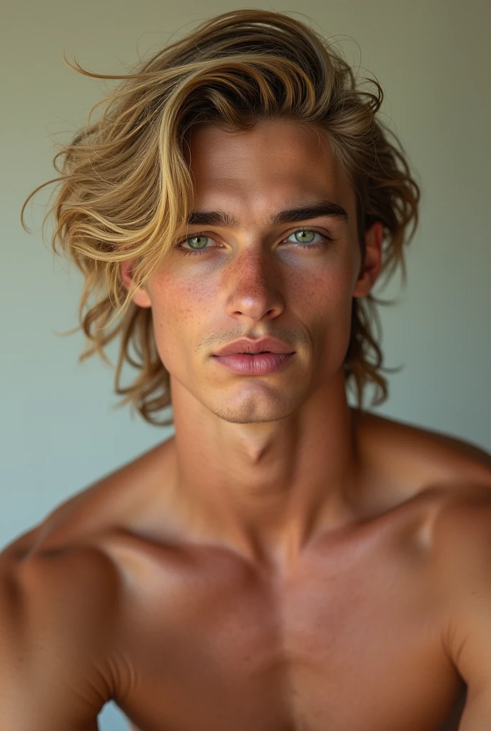 Hot boy wavy hair blonde snake green eyes tan skin handsome muscular middle part wavy hair