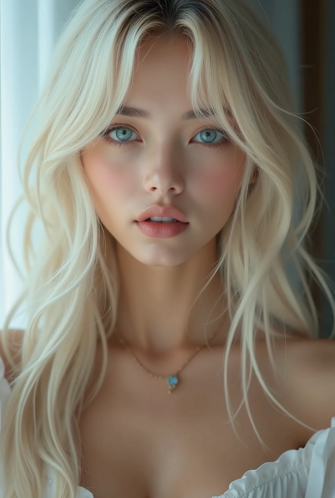 Vr , (a closeup:1.4)、(RAW shooting:1.2)、(Photorealsitic:1.4)、(​masterpiece:1.3)、(top-quality:1.4)、bright expression、extremely beautyful girl、Extraordinary beautiful girl、Detailed cute and beautiful face、Beautiful bangs、Glowing white shiny skin、facial hairs、Bangs that extend to the face、Bangs between the eyes、Super long hair、Attractive light and dark platinum blonde super long straight silky hainer hair、Attractive glowing beautiful bright clear light blue big eyes、Luxurious dresses、Double eyelids、Lush bust、The upper part of the body、