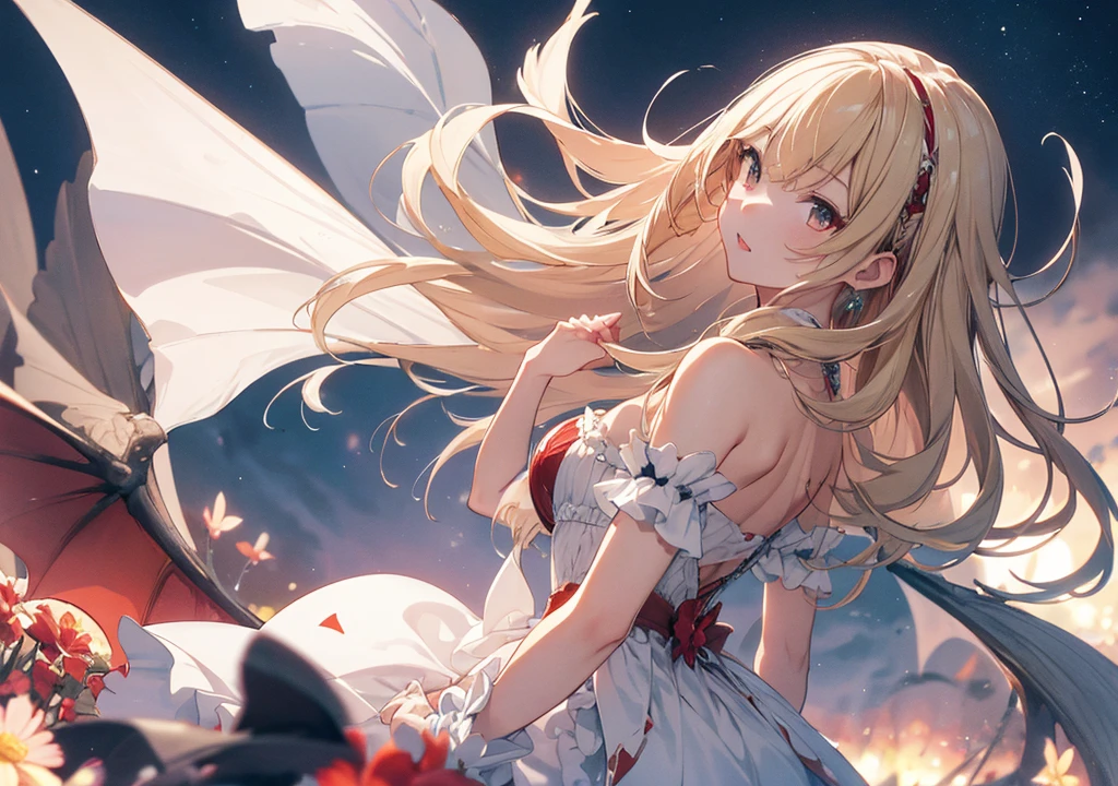 Realistic photos, Focus distance 10mm, Red and white, Beautiful girl, Realistic photos, Shooting at focus distance 10mm, masterpiece, 最high quality, high quality, Very detailed CG 8k wallpaper unit, Award-winning photography, Depth of written boundary, High resolution, bloom, chromatic aberration, Realistic, Very detailed, Art Station Trends, CGsociety Trends, Complex, High detail, dramatic, Art on the go, volumetric lighting, A fantastical scene with a magical night sky as the backdrop, in which a beautiful Disney princess-esque girl is flying through the sky on the back of a dragon. The beautiful girl has long flowing blonde hair and is wearing a gorgeous dress