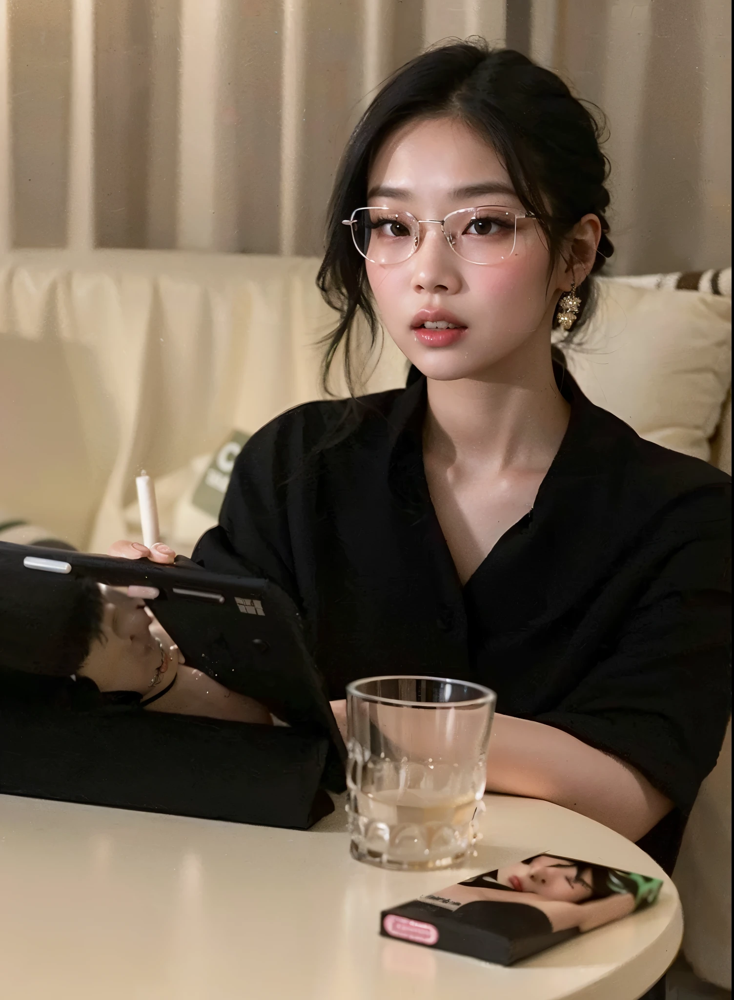 there is a woman with long black hair posing for a picture, maquiagem sul-coreana popular, jennie blackpink, Mulher sul-coreana bonita, coreana, maquiagem coreana popular, mulher coreana jovem bonita, linda mulher coreana jovem, young adorable korean face, korean face features, com rosto redondo, asian features, wan adorable korean face, south east asian with round face, belo rosto redondo Jennie 8K Super Realistic Beautiful Blackpink ultra mega detailed wonderful beauty 8K FULL HD high definition super detailed every smallest detail of her face is detailed Jennie Blackpink de óculos
