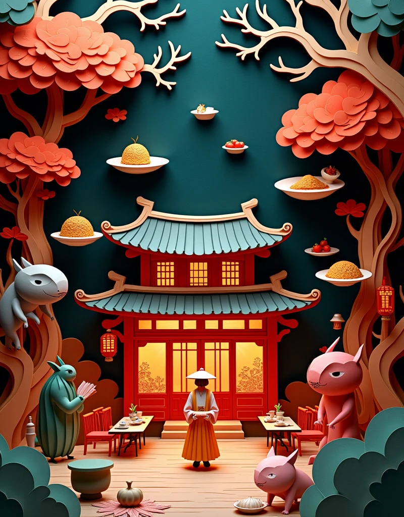 Papercut art. Kirigami. Origami. Illusion. A very detailed and intricate cutout of an ancient chinese restaurant with dishes of chinese food flowing, some monsters and trees flying around the dishes, mystery dark atmosphere at night, no human being, no one, only food