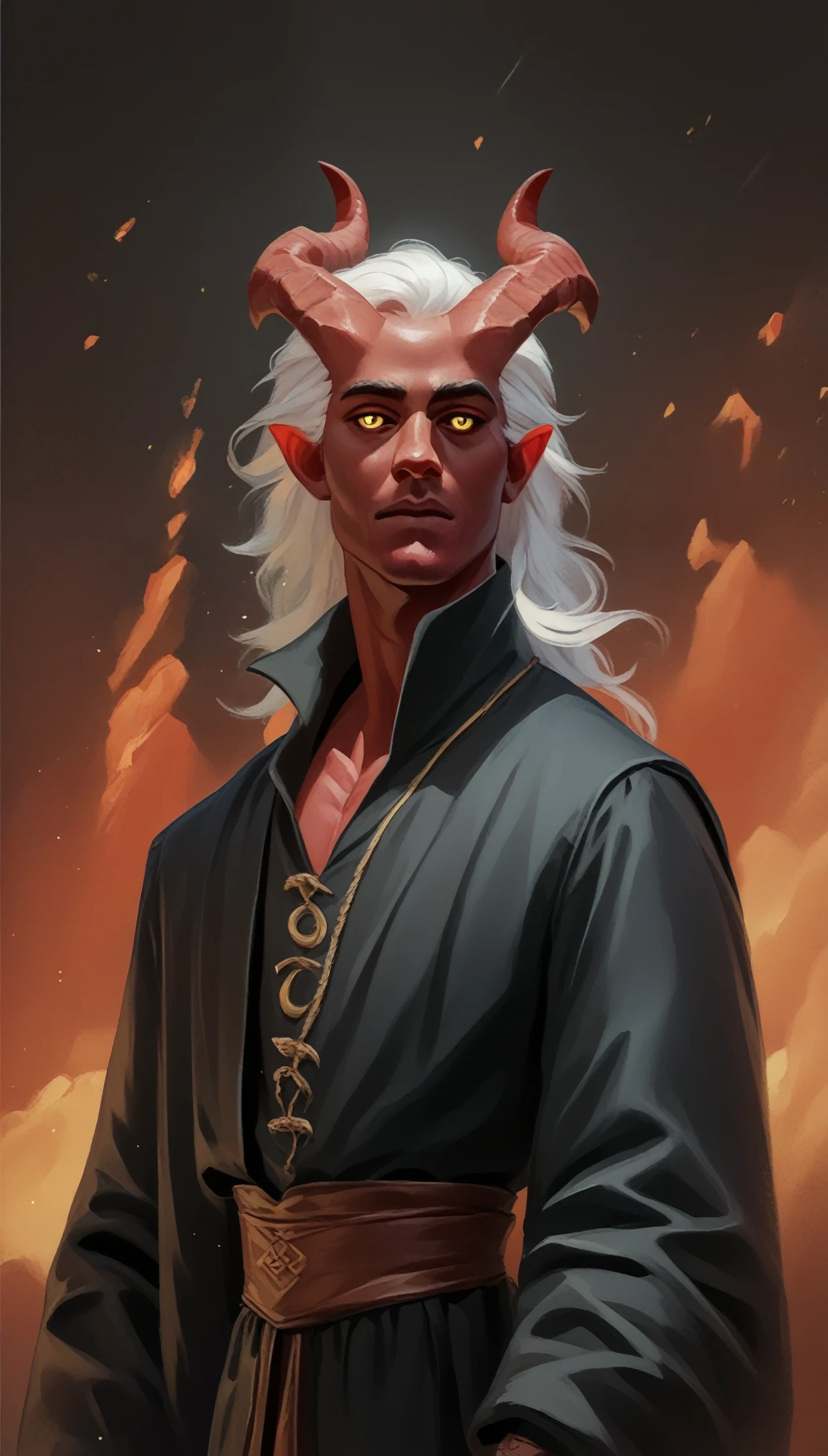 A strong, red-skinned tiefling male，Small Corner，White hair，Yellow eyes，3/4. Body，A volcano in the background，Mage outfit，Black robe