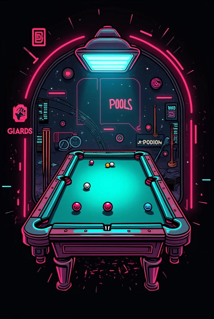 Make me a logo with an electronic theme of a group called Los "THE POOLS" with the background being electronic and billiards but that is more than cool and with some cigars and with an anti-fat sign