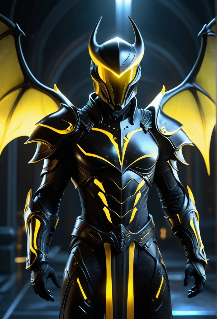 ((Full-Body)) alien warrior, futuristic glossy black bodyform armor, sleek helmet with glowing yellow thin visor, large glowing horns, intricately designed advanced technology armor, ethereal transparent glowing bat wings, powerful pose, holding reaper scythe with glowing yellow blade, high-tech otherworldly scene, (best quality,4k,8k,highres,masterpiece:1.2),ultra-detailed,(realistic,photorealistic,photo-realistic:1.37),cinematic lighting,dramatic shadows,hyperdetailed,extremely detailed, cinematic composition, stunning visual effects