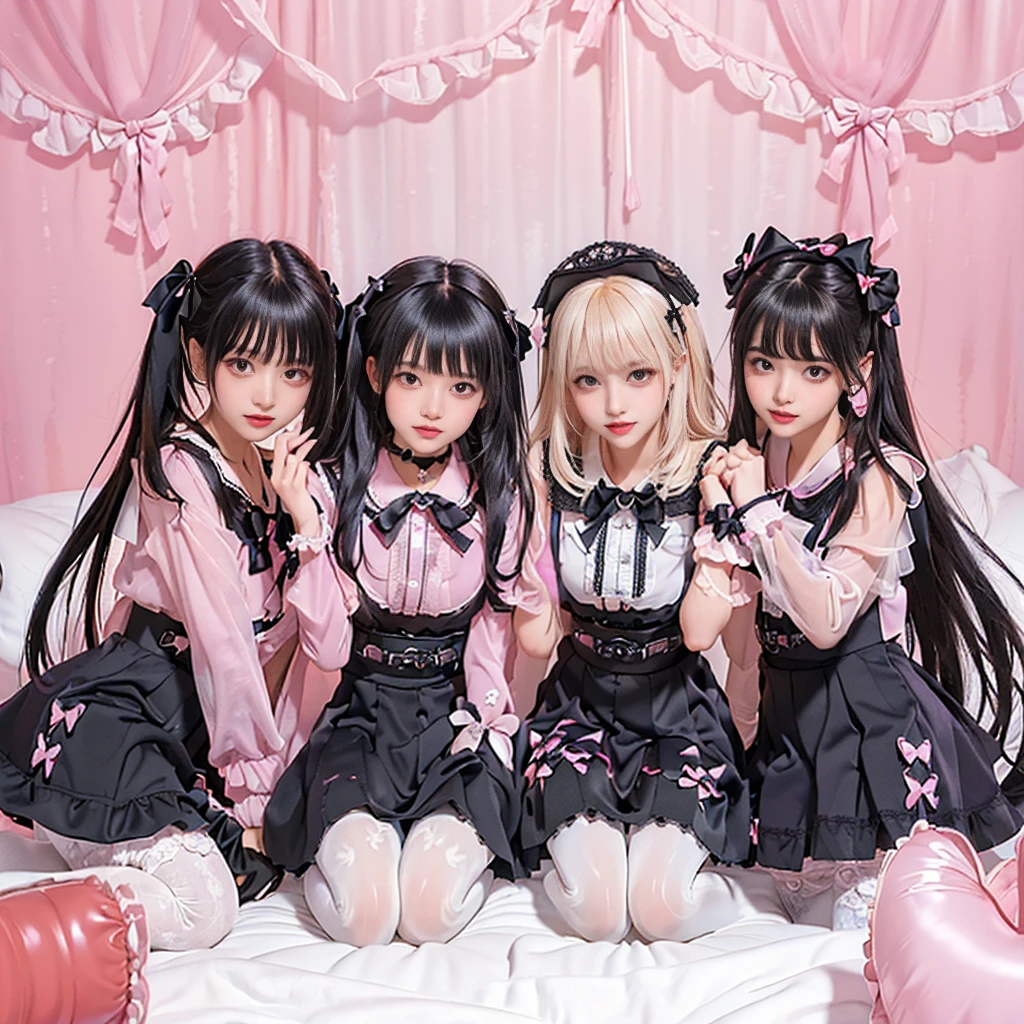 8K resolution, surreal, Super detailed, high quality, perfect anatomy, perfect proportion,
((((((A group photo in bed room at midnight, satin luxurious bed, 3 girls, group photo)))))),
(((((purple, wearing black face mask, jirai fashion, sailor collar, lingersuit, Lace, micro mini skirt, bow ribbon))))),
((grin, happy, detailed face)), standing in lines,
((((bleached hair))))+, (super large breasts),
(((detailed oiled skin, detailed skin))),
(((thin black see-through tights))), looking at viewer,
Pink canopy bed,Frilled curtain,Frilled pink pillows,Frilled black pillows,Heart red pillows, A very soft bed,A soft frilled devet,soft pillows,pink balloons,black balloons
