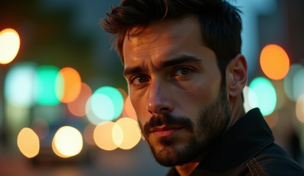 Portrait of a 35-year-old adult man with a youthful appearance, with himself as the main subject. He is in an urban night scene with a vibrant bokeh effect in the background. The man should be looking directly at the camera with a serious, thoughtful expression. He should have short, slightly wavy dark brown hair and a sparse beard evenly distributed across his face. The lighting should be soft and from the right, illuminating one side of the face and leaving the other in soft shadows, with a quality of light similar to that of a streetlight or diffused light source. The background should be blurred with a bokeh effect, transforming the urban lights into large diffuse circles of various colors, including yellow, green, blue and orange. The environment should suggest a busy urban street at night, with lights from vehicles and street lamps, but blurred enough not to distract the man's attention. Use a vibrant color palette, with a mix of warm and cool tones, creating an interesting contrast between the man and the background. The depth of field should be wide, isolating the main subject from the background, and sharpness should be maximum in the face and eyes. The composition should follow the rule of thirds, with the camera positioned slightly below the man's eye line to create a slight sense of intensity and closeness. The photograph must capture extreme detail, with a high-quality rendering in 8k, with professional photographic quality and attention to detail that conveys the realism of a street at night, bokeh, soft and diffused lighting. The image must be high resolution with attention to detail and realism.