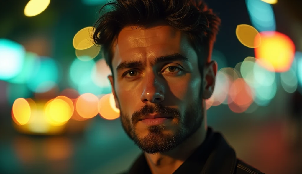 Portrait of a 35-year-old adult man with a youthful appearance, with himself as the main subject. He is in an urban night scene with a vibrant bokeh effect in the background. The man should be looking directly at the camera with a serious, thoughtful expression. He should have short, slightly wavy dark brown hair and a sparse beard evenly distributed across his face. The lighting should be soft and from the right, illuminating one side of the face and leaving the other in soft shadows, with a quality of light similar to that of a streetlight or diffused light source. The background should be blurred with a bokeh effect, transforming the urban lights into large diffuse circles of various colors, including yellow, green, blue and orange. The environment should suggest a busy urban street at night, with lights from vehicles and street lamps, but blurred enough not to distract the man's attention. Use a vibrant color palette, with a mix of warm and cool tones, creating an interesting contrast between the man and the background. The depth of field should be wide, isolating the main subject from the background, and sharpness should be maximum in the face and eyes. The composition should follow the rule of thirds, with the camera positioned slightly below the man's eye line to create a slight sense of intensity and closeness. The photograph must capture extreme detail, with a high-quality rendering in 8k, with professional photographic quality and attention to detail that conveys the realism of a street at night, bokeh, soft and diffused lighting. The image must be high resolution with attention to detail and realism.