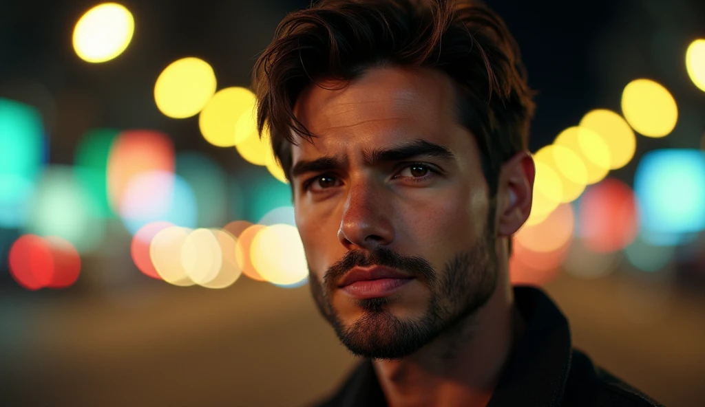 Portrait of a 35-year-old adult man with a youthful appearance, with himself as the main subject. He is in an urban night scene with a vibrant bokeh effect in the background. The man should be looking directly at the camera with a serious, thoughtful expression. He should have short, slightly wavy dark brown hair and a sparse beard evenly distributed across his face. The lighting should be soft and from the right, illuminating one side of the face and leaving the other in soft shadows, with a quality of light similar to that of a streetlight or diffused light source. The background should be blurred with a bokeh effect, transforming the urban lights into large diffuse circles of various colors, including yellow, green, blue and orange. The environment should suggest a busy urban street at night, with lights from vehicles and street lamps, but blurred enough not to distract the man's attention. Use a vibrant color palette, with a mix of warm and cool tones, creating an interesting contrast between the man and the background. The depth of field should be wide, isolating the main subject from the background, and sharpness should be maximum in the face and eyes. The composition should follow the rule of thirds, with the camera positioned slightly below the man's eye line to create a slight sense of intensity and closeness. The photograph must capture extreme detail, with a high-quality rendering in 8k, with professional photographic quality and attention to detail that conveys the realism of a street at night, bokeh, soft and diffused lighting. The image must be high resolution with attention to detail and realism.