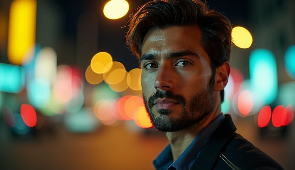 Portrait of a 35-year-old adult man with a youthful appearance, with himself as the main subject. He is in an urban night scene with a vibrant bokeh effect in the background. The man should be looking directly at the camera with a serious, thoughtful expression. He should have short, slightly wavy dark brown hair and a sparse beard evenly distributed across his face. The lighting should be soft and from the right, illuminating one side of the face and leaving the other in soft shadows, with a quality of light similar to that of a streetlight or diffused light source. The background should be blurred with a bokeh effect, transforming the urban lights into large diffuse circles of various colors, including yellow, green, blue and orange. The environment should suggest a busy urban street at night, with lights from vehicles and street lamps, but blurred enough not to distract the man's attention. Use a vibrant color palette, with a mix of warm and cool tones, creating an interesting contrast between the man and the background. The depth of field should be wide, isolating the main subject from the background, and sharpness should be maximum in the face and eyes. The composition should follow the rule of thirds, with the camera positioned slightly below the man's eye line to create a slight sense of intensity and closeness. The photograph must capture extreme detail, with a high-quality rendering in 8k, with professional photographic quality and attention to detail that conveys the realism of a street at night, bokeh, soft and diffused lighting. The image must be high resolution with attention to detail and realism.